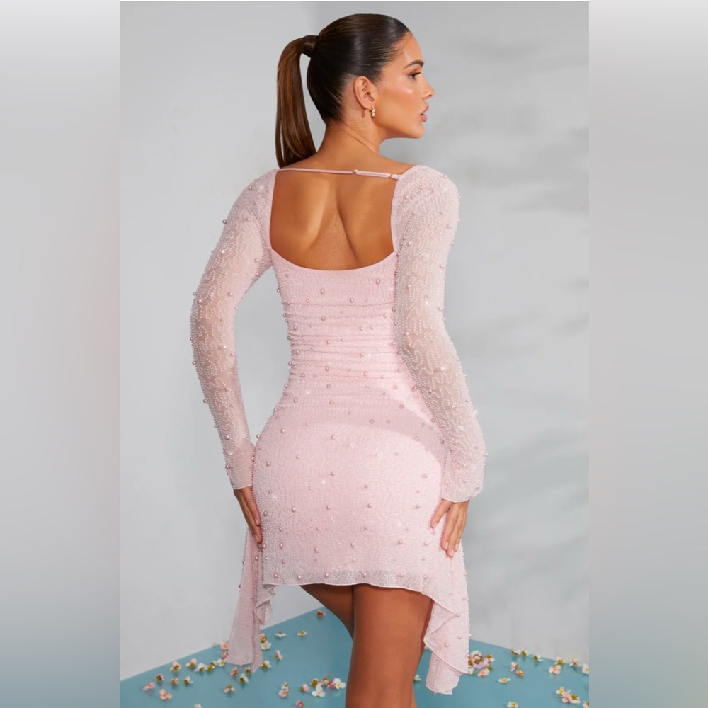 Oh Polly Tivoli Long Sleeve Embellished Cowl Neck Mini Dress in Blush - Picture 2 of 2